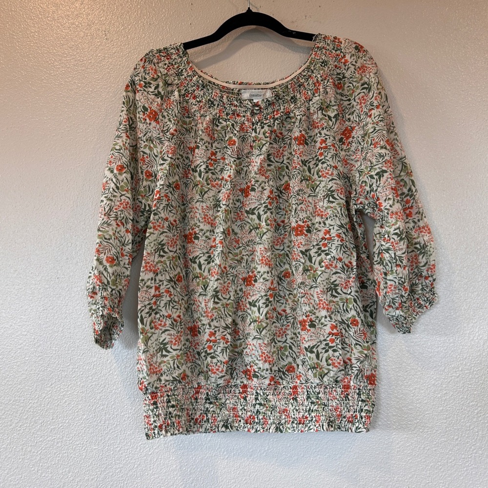 Dressbarn XL Floral Cotton Silk Blouse Orange Green Smocked Top 3/4 Sleeve